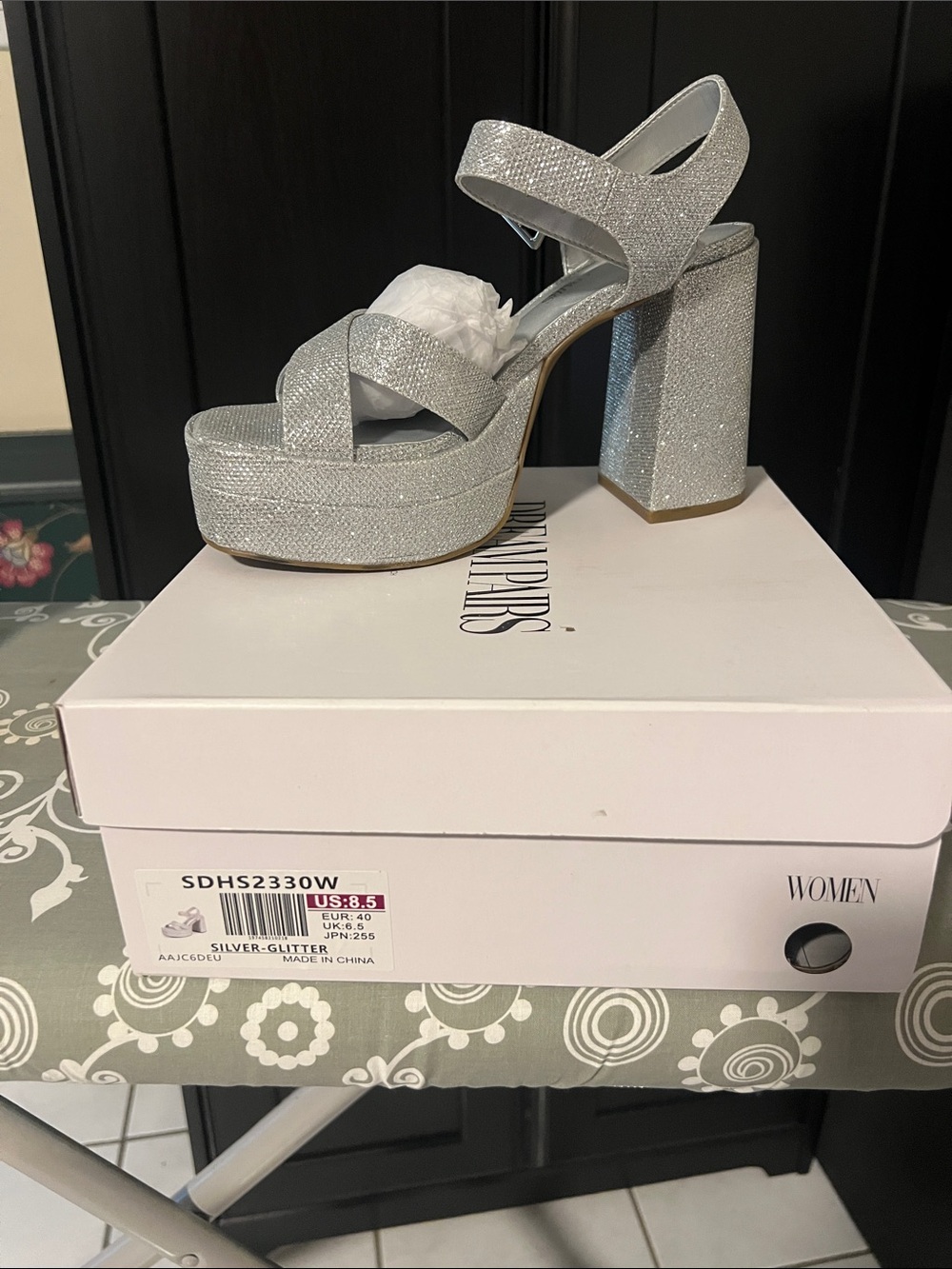 Silver Glitter Platform Block Heel Sandal